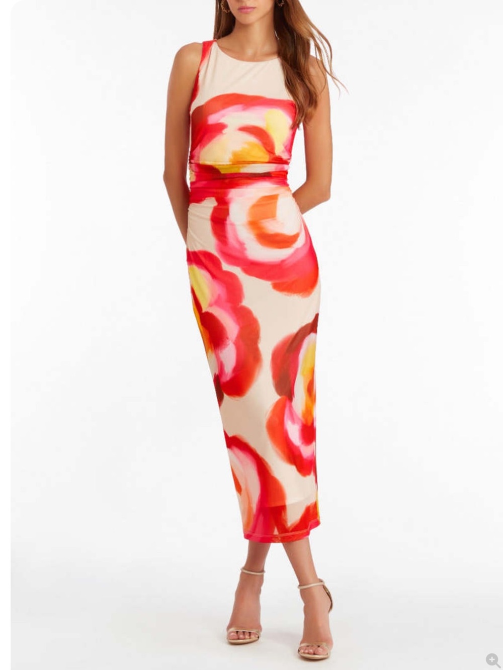 Amanda Uprichard ‘Tiffany’ Cream Midi Dress with Pink and Coral Floral Print